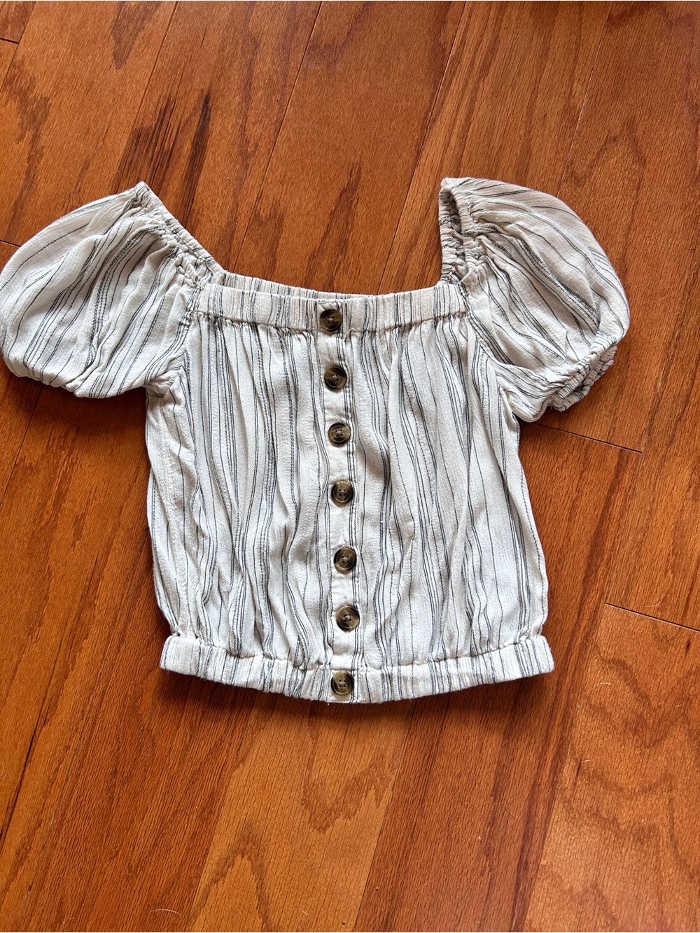 American Eagle Outfitters Cream and Black Striped Off-Shoulder Button Crop Top